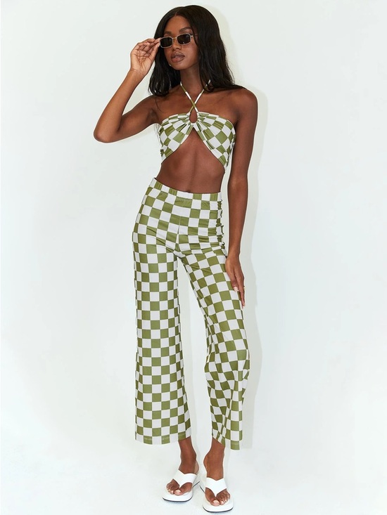 Princess Polly Pants - Princess Polly Olive and White Checkerboard Wide Leg Jumpsuit Set